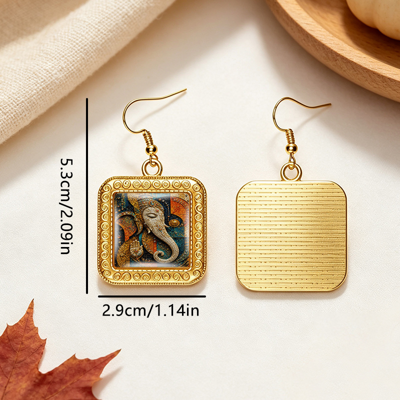 Golden Hindu Religious Square Glass Cabochon Dangle Earrings